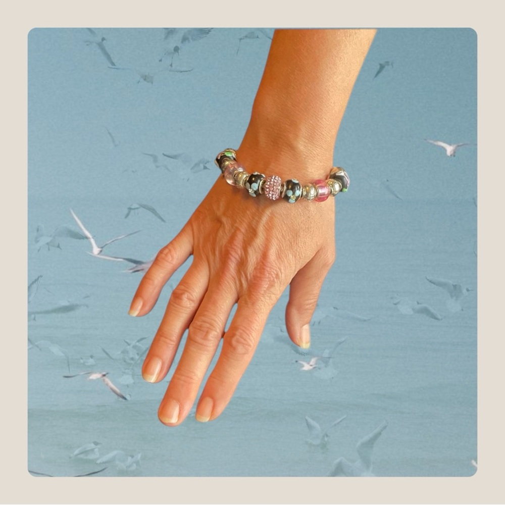 Bracelet Snake Sterling Silver .925 Murano Beads Silver Pink Blue Charms NWOT